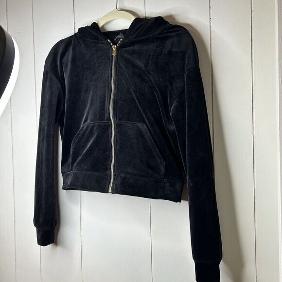 Express Tops - Express Velour Black Long Sleeved Hoodie Full‎ Zip Up Size S